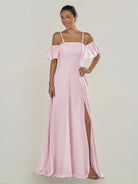 KissDress-Olia Candy Pink A Line Chiffon Off the Shoulder Long Bridesmaid Dress with Slit