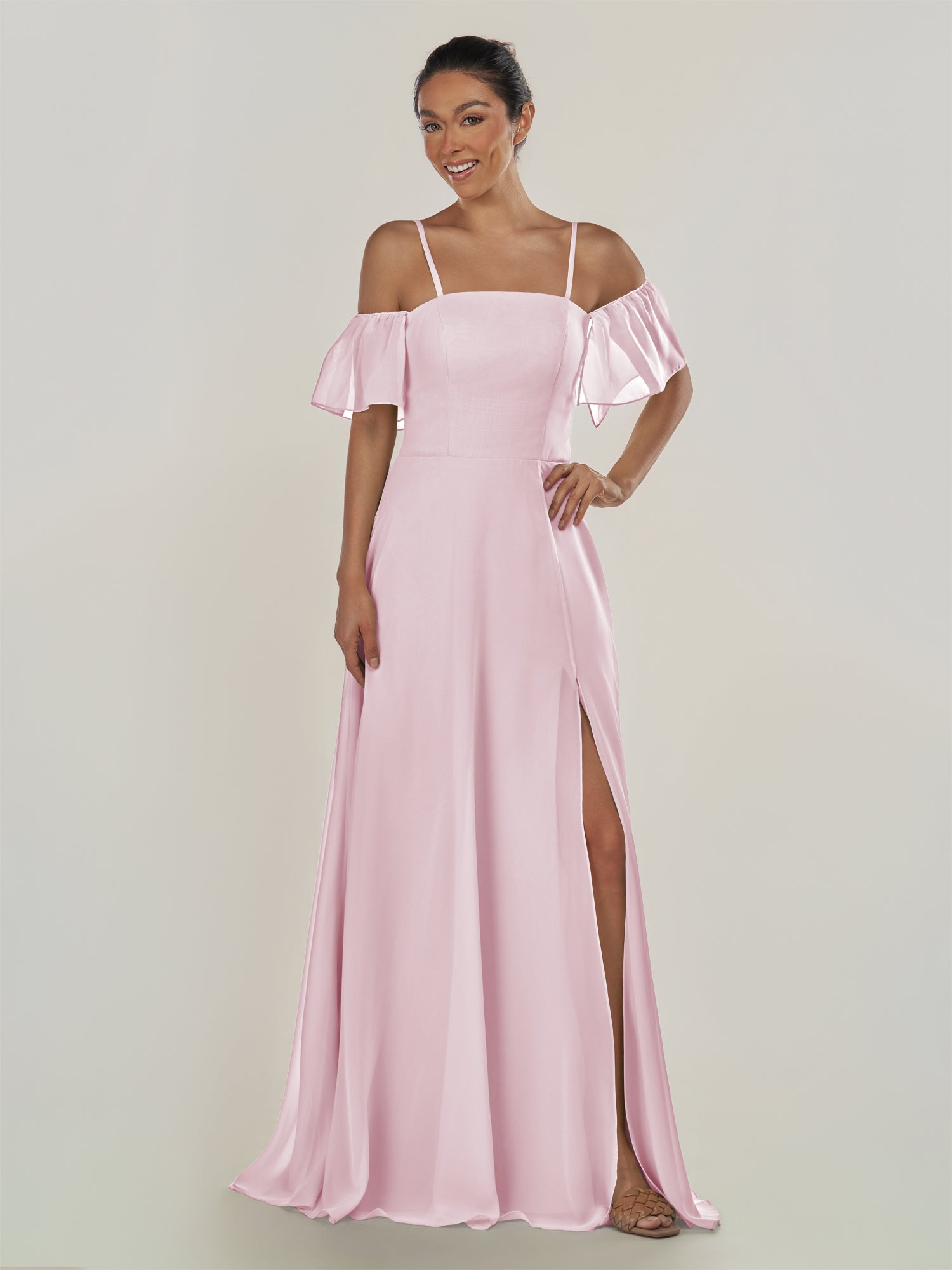 KissDress-Olia Candy Pink A Line Chiffon Off the Shoulder Long Bridesmaid Dress with Slit