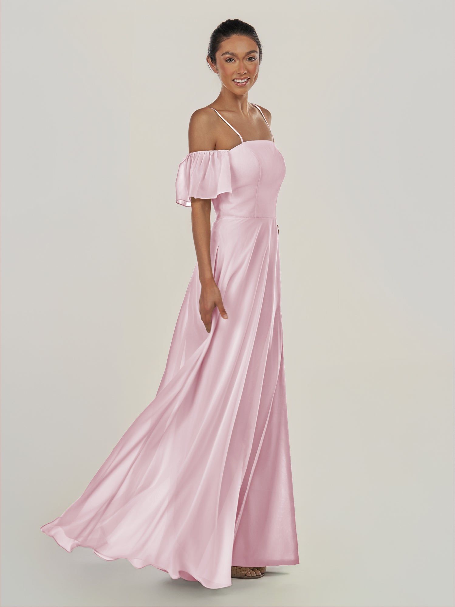 KissDress-Olia Candy Pink A Line Chiffon Off the Shoulder Long Bridesmaid Dress with Slit