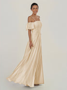 KissDress-Olia Champagne A Line Chiffon Off the Shoulder Long Bridesmaid Dress with Slit