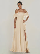KissDress-Olia Champagne A Line Chiffon Off the Shoulder Long Bridesmaid Dress with Slit