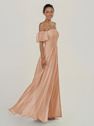 KissDress-Olia Champagne Rose A Line Chiffon Off the Shoulder Long Bridesmaid Dress with Slit