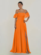KissDress-Olia Cinnamon A Line Chiffon Off the Shoulder Long Bridesmaid Dress with Slit