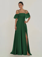 KissDress-Olia Dark Green A Line Chiffon Off the Shoulder Long Bridesmaid Dress with Slit