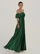 KissDress-Olia Dark Green A Line Chiffon Off the Shoulder Long Bridesmaid Dress with Slit