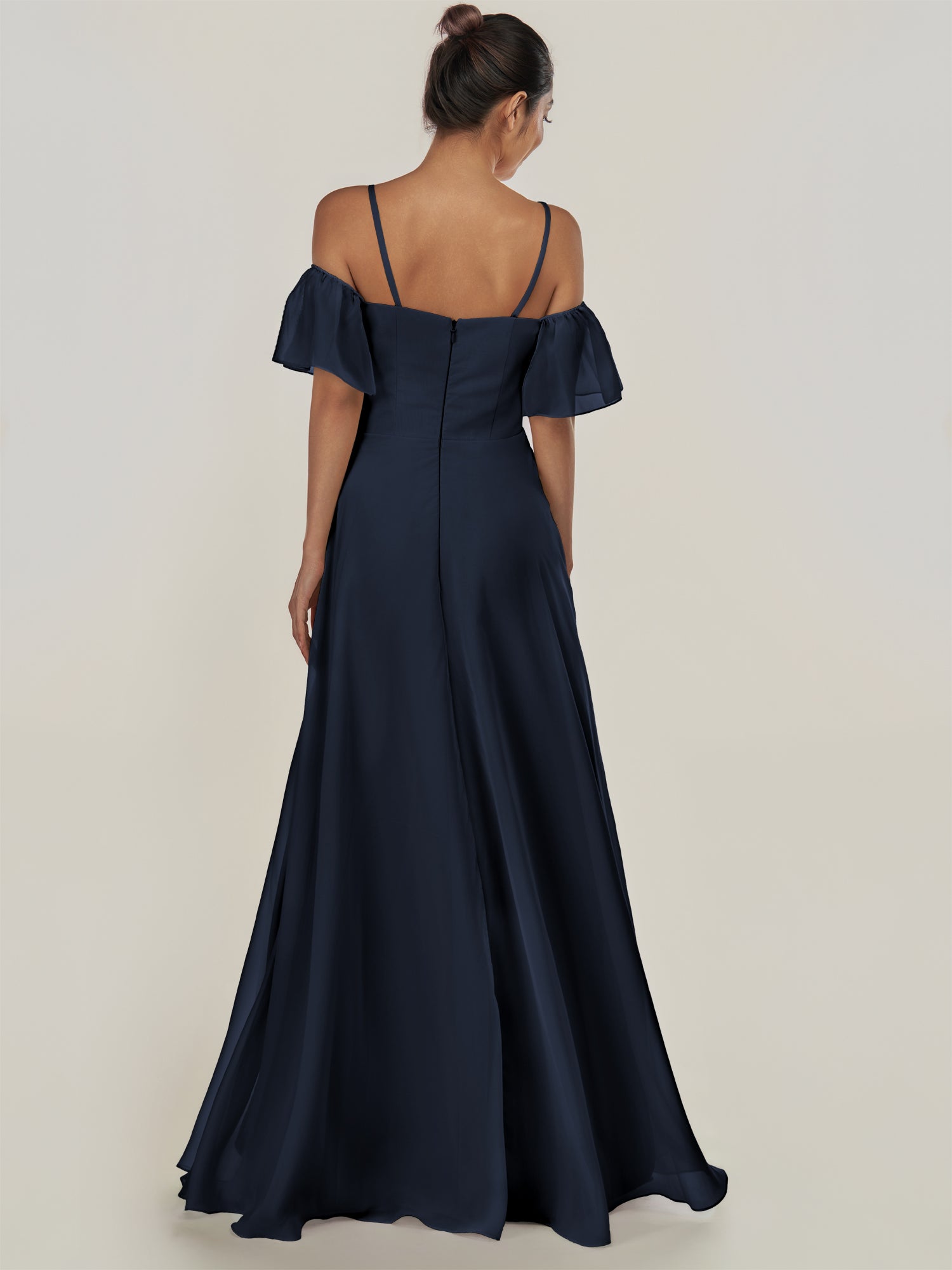 KissDress-Olia Dark Navy A Line Chiffon Off the Shoulder Long Bridesmaid Dress with Slit