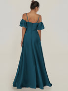KissDress-Olia Dark Teal A Line Chiffon Off the Shoulder Long Bridesmaid Dress with Slit