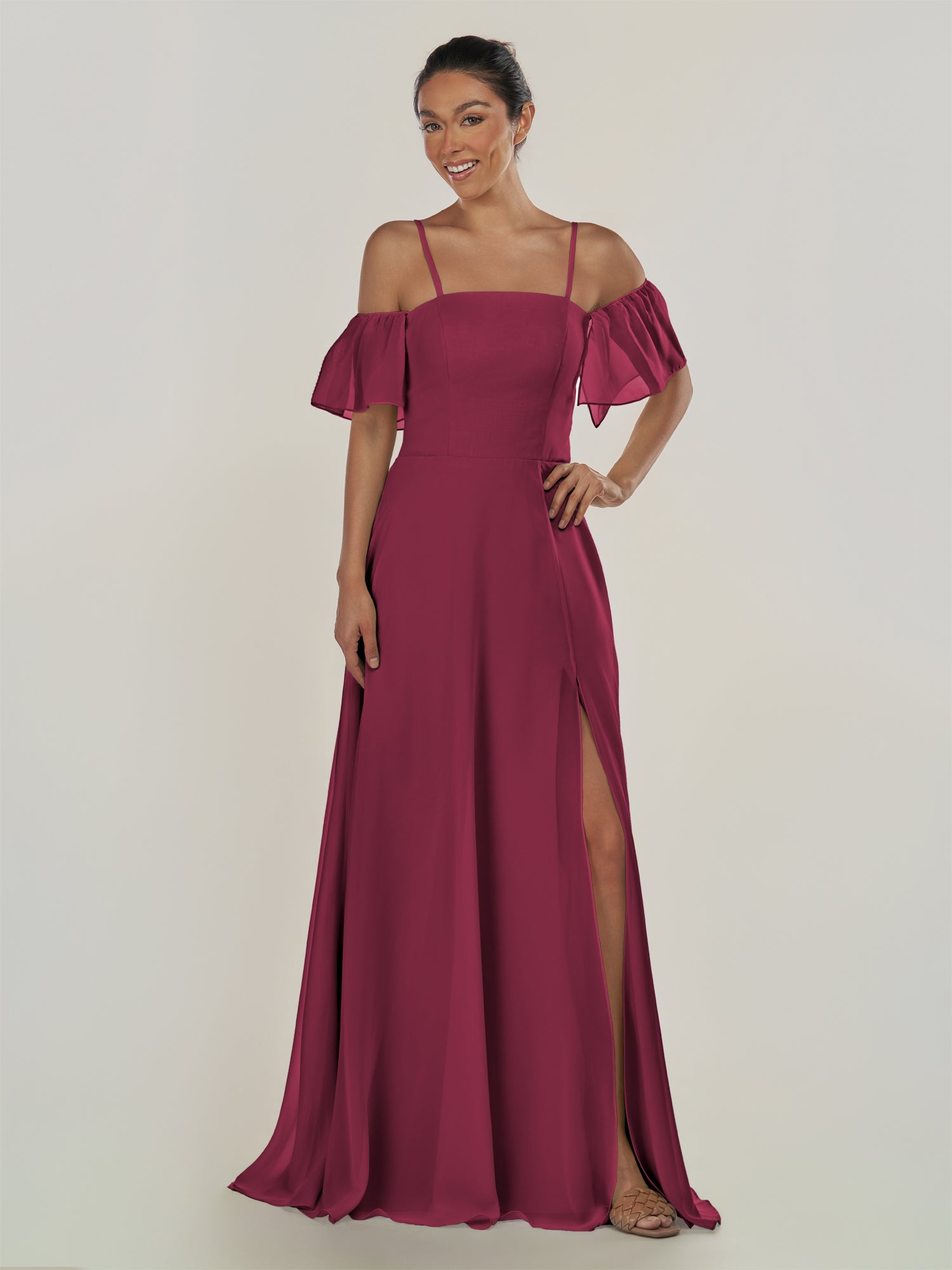 KissDress-Olia Desert Rose A Line Chiffon Off the Shoulder Long Bridesmaid Dress with Slit