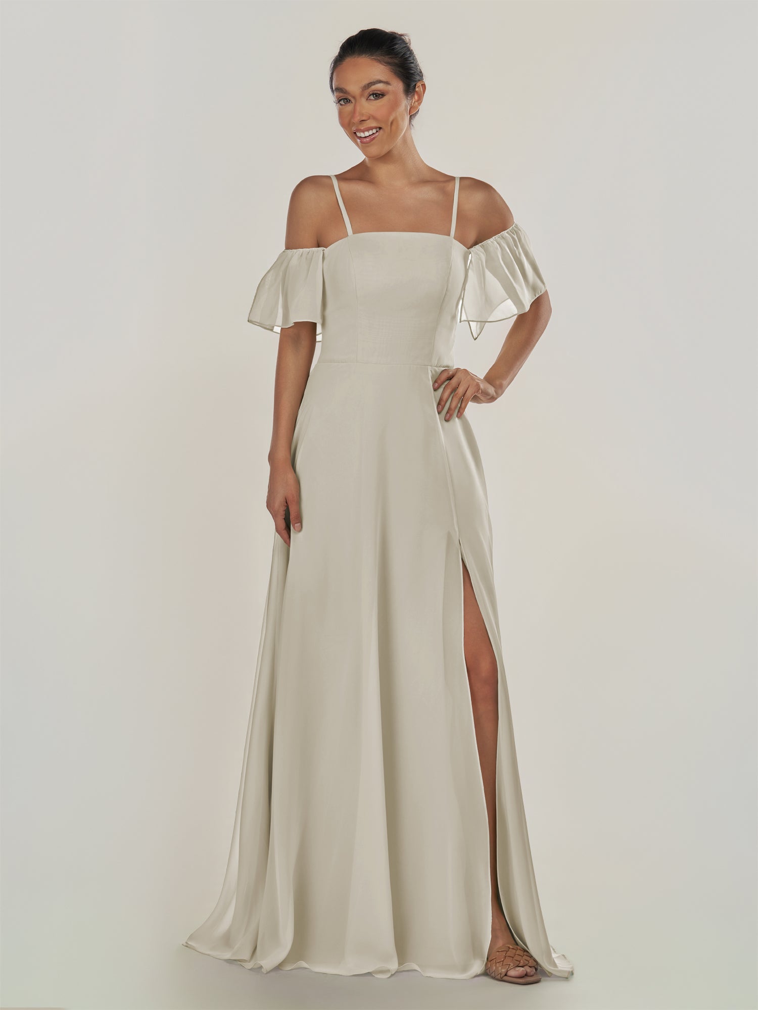 KissDress-Olia Dove Gray A Line Chiffon Off the Shoulder Long Bridesmaid Dress with Slit