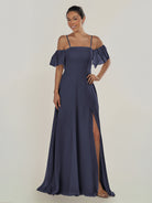 KissDress-Olia Dusk Blue A Line Chiffon Off the Shoulder Long Bridesmaid Dress with Slit