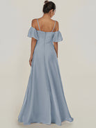 KissDress-Olia Dusty Blue A Line Chiffon Off the Shoulder Long Bridesmaid Dress with Slit