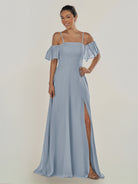 KissDress-Olia Dusty Blue A Line Chiffon Off the Shoulder Long Bridesmaid Dress with Slit