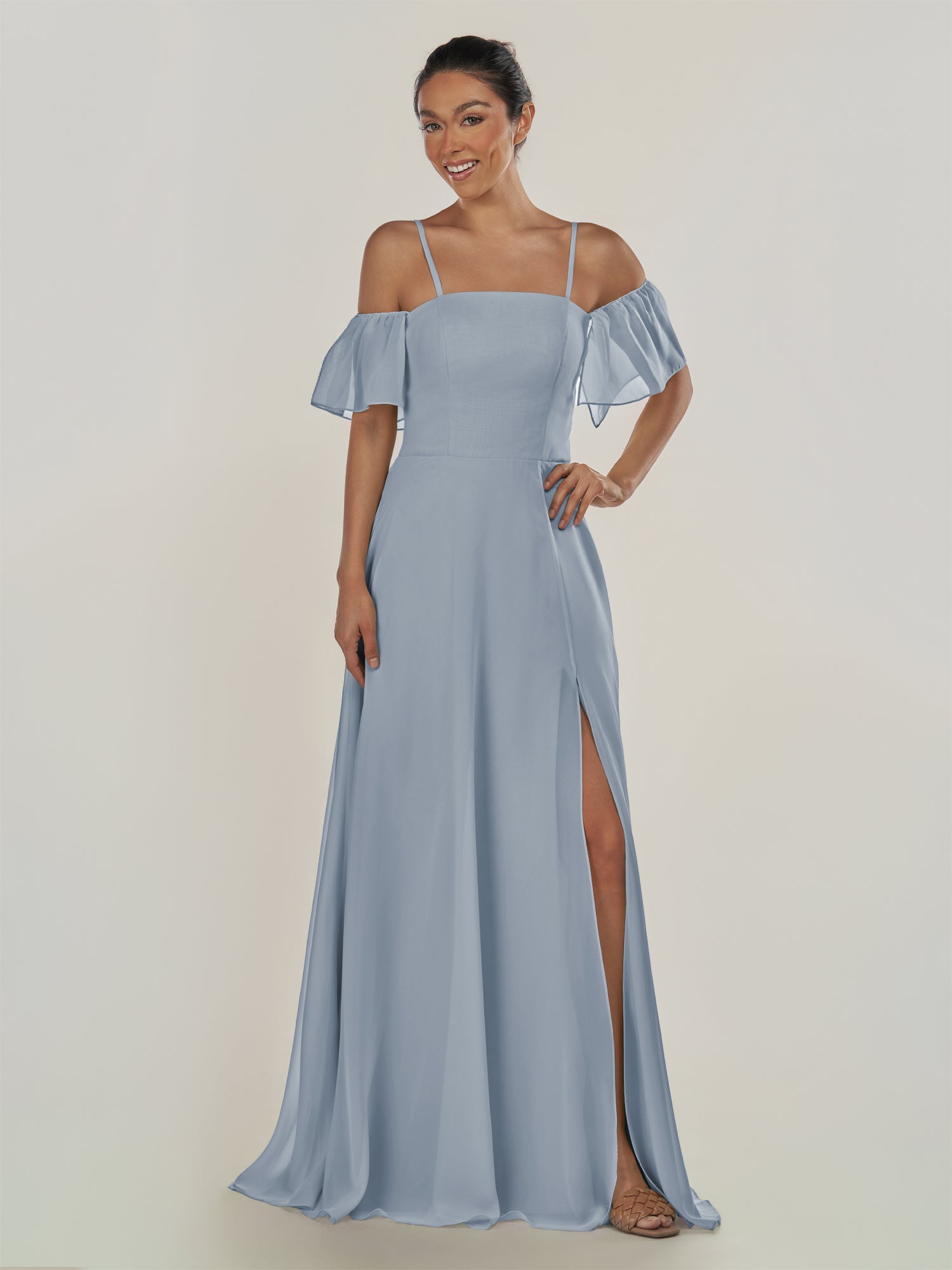 KissDress-Olia Dusty Blue A Line Chiffon Off the Shoulder Long Bridesmaid Dress with Slit