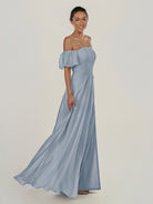 KissDress-Olia Dusty Blue A Line Chiffon Off the Shoulder Long Bridesmaid Dress with Slit