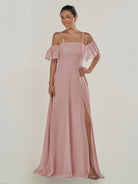 KissDress-Olia Dusty Rose A Line Chiffon Off the Shoulder Long Bridesmaid Dress with Slit