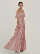 KissDress-Olia Dusty Rose A Line Chiffon Off the Shoulder Long Bridesmaid Dress with Slit