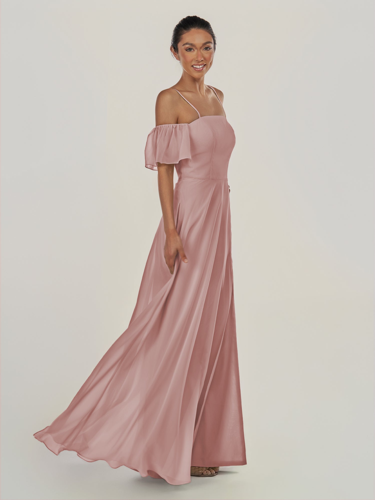 KissDress-Olia Dusty Rose A Line Chiffon Off the Shoulder Long Bridesmaid Dress with Slit