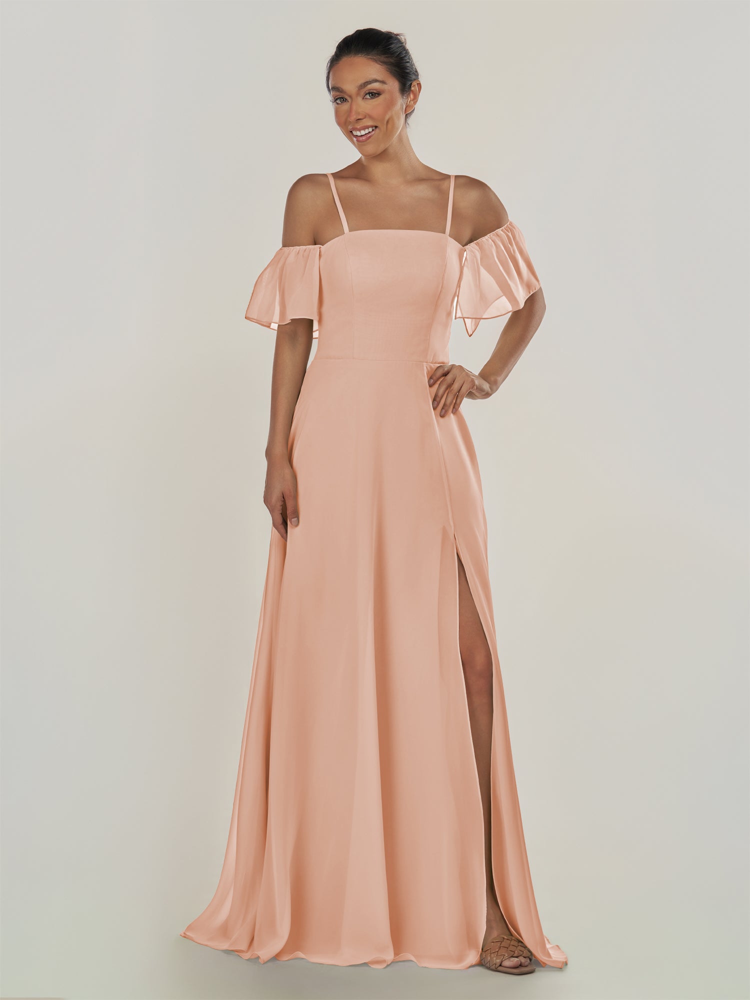 KissDress-Olia English Rose A Line Chiffon Off the Shoulder Long Bridesmaid Dress with Slit