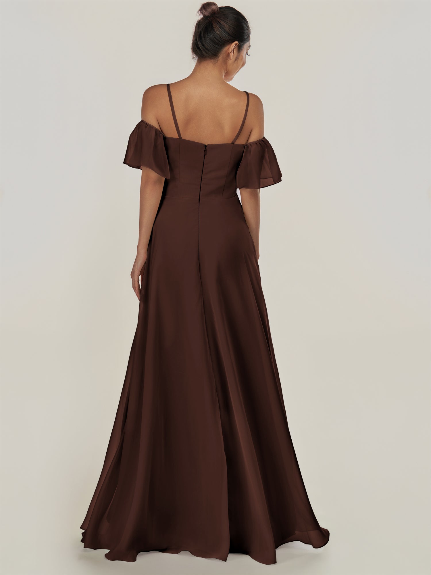 KissDress-Olia Espresso A Line Chiffon Off the Shoulder Long Bridesmaid Dress with Slit