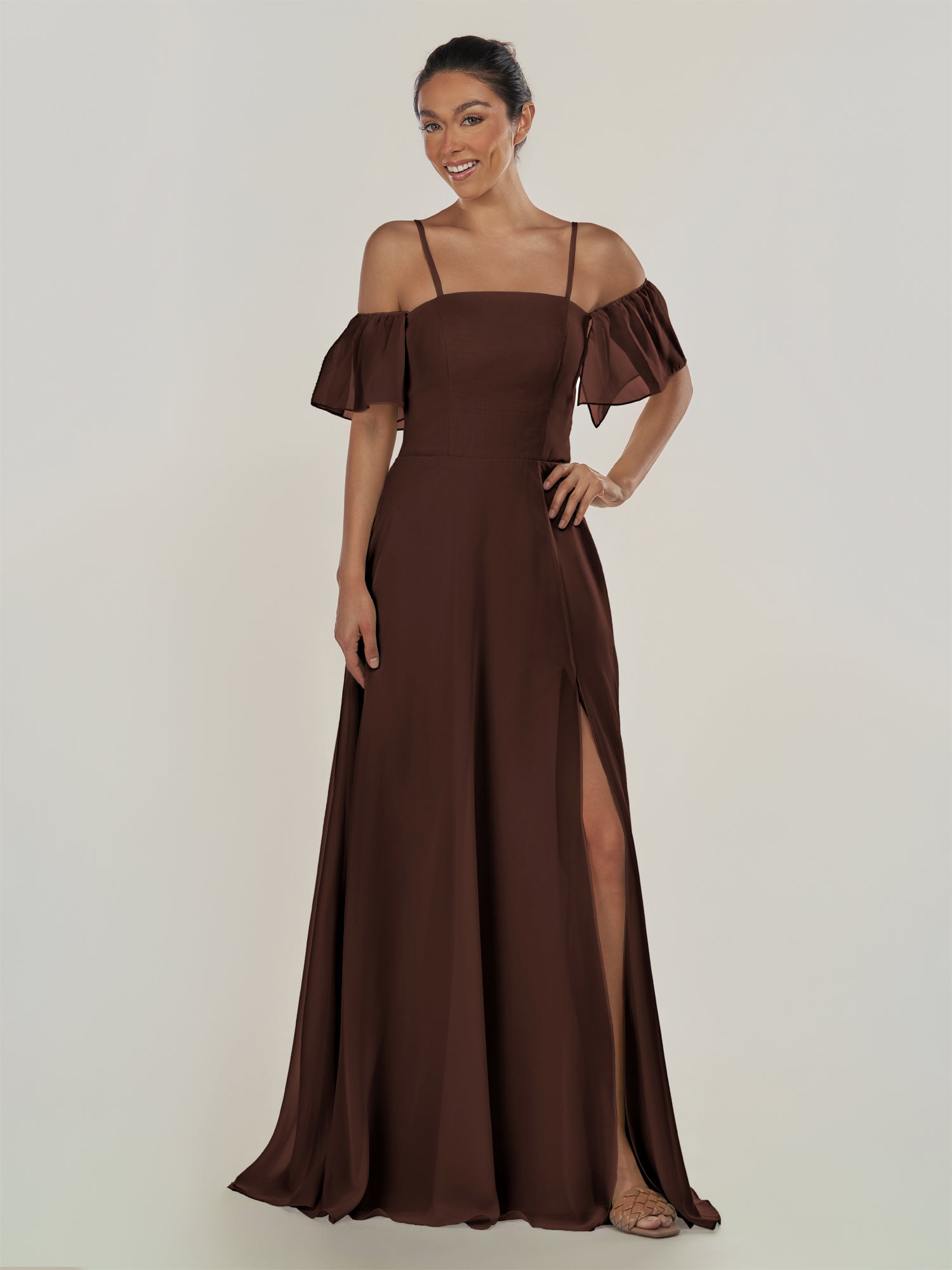 KissDress-Olia Espresso A Line Chiffon Off the Shoulder Long Bridesmaid Dress with Slit