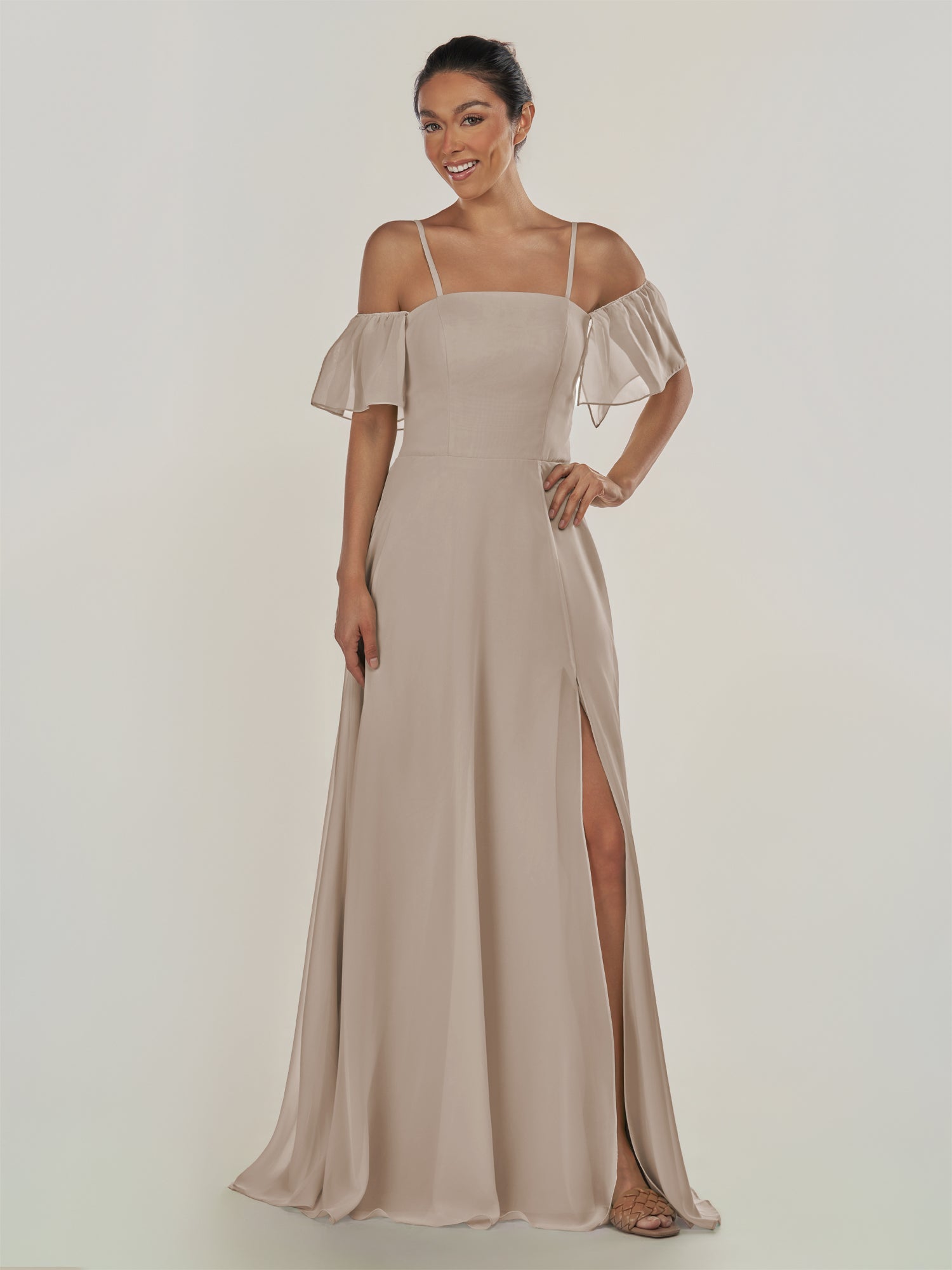 KissDress-Olia Frost A Line Chiffon Off the Shoulder Long Bridesmaid Dress with Slit