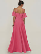 KissDress-Olia Fuchsia A Line Chiffon Off the Shoulder Long Bridesmaid Dress with Slit