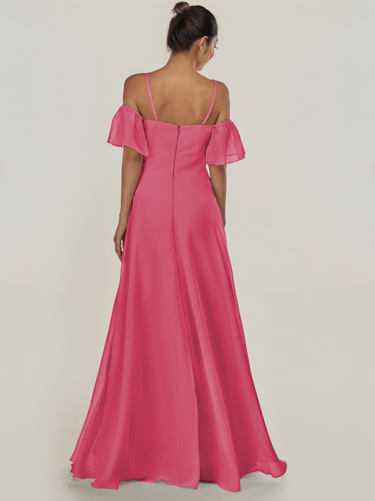 KissDress-Olia Fuchsia A Line Chiffon Off the Shoulder Long Bridesmaid Dress with Slit