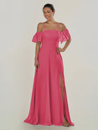 KissDress-Olia Fuchsia A Line Chiffon Off the Shoulder Long Bridesmaid Dress with Slit