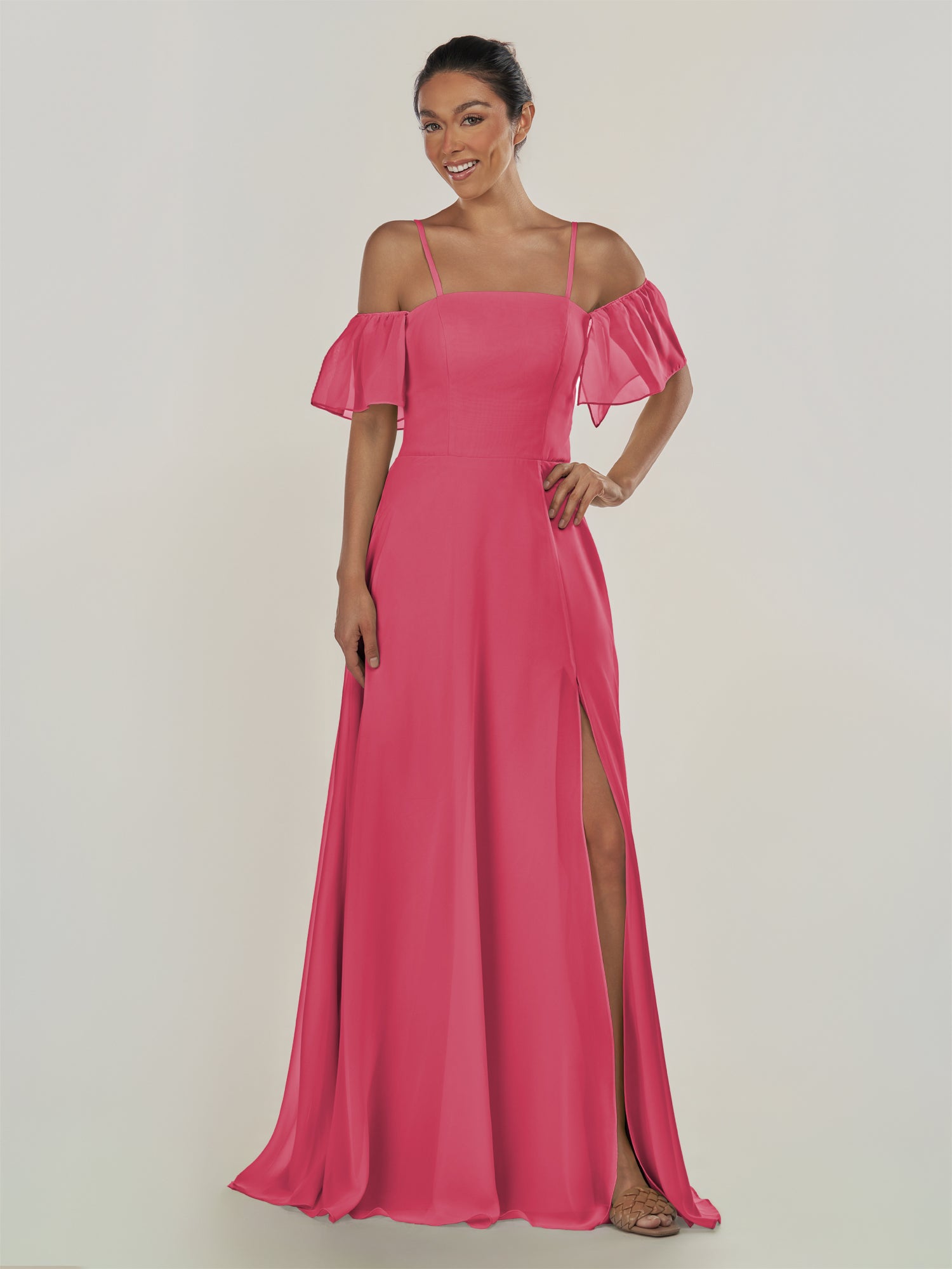 KissDress-Olia Fuchsia A Line Chiffon Off the Shoulder Long Bridesmaid Dress with Slit