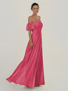 KissDress-Olia Fuchsia A Line Chiffon Off the Shoulder Long Bridesmaid Dress with Slit