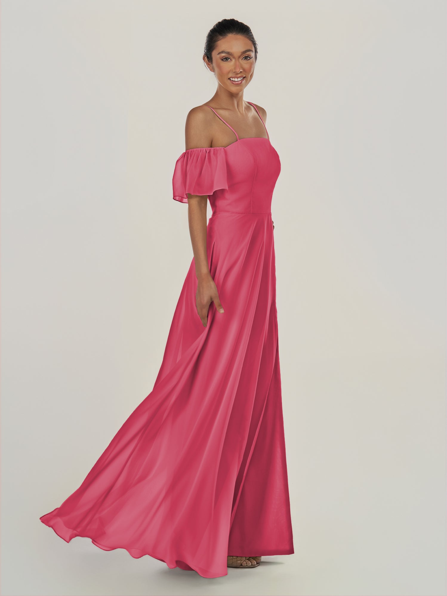 KissDress-Olia Fuchsia A Line Chiffon Off the Shoulder Long Bridesmaid Dress with Slit