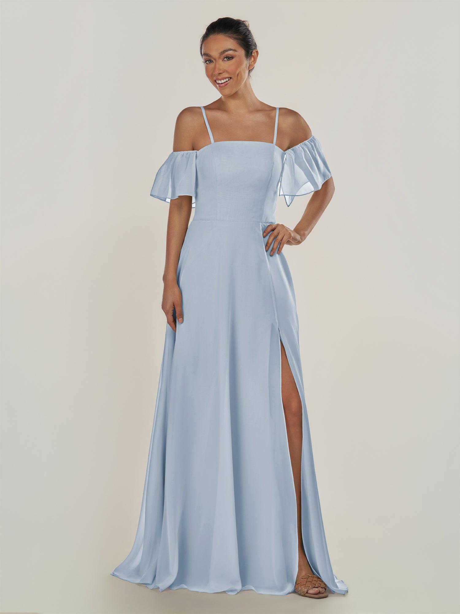 KissDress-Olia Ice A Line Chiffon Off the Shoulder Long Bridesmaid Dress with Slit