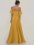 KissDress-Olia Marigold A Line Chiffon Off the Shoulder Long Bridesmaid Dress with Slit