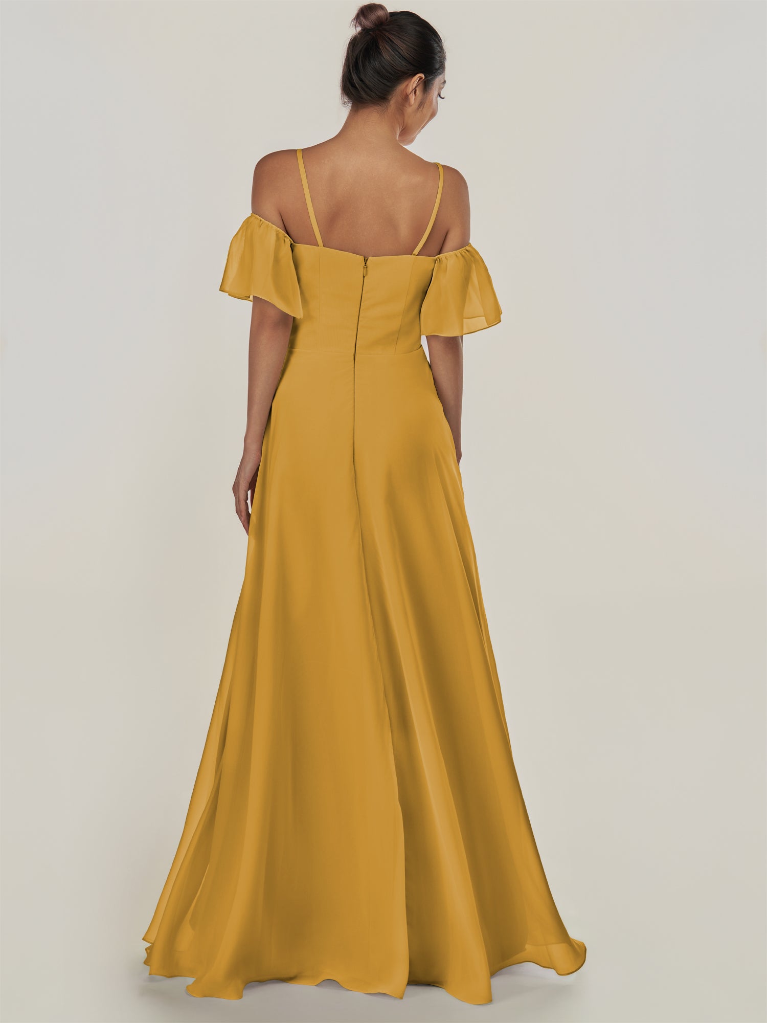 KissDress-Olia Marigold A Line Chiffon Off the Shoulder Long Bridesmaid Dress with Slit