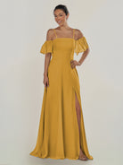 KissDress-Olia Marigold A Line Chiffon Off the Shoulder Long Bridesmaid Dress with Slit