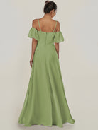 KissDress-Olia Matcha A Line Chiffon Off the Shoulder Long Bridesmaid Dress with Slit