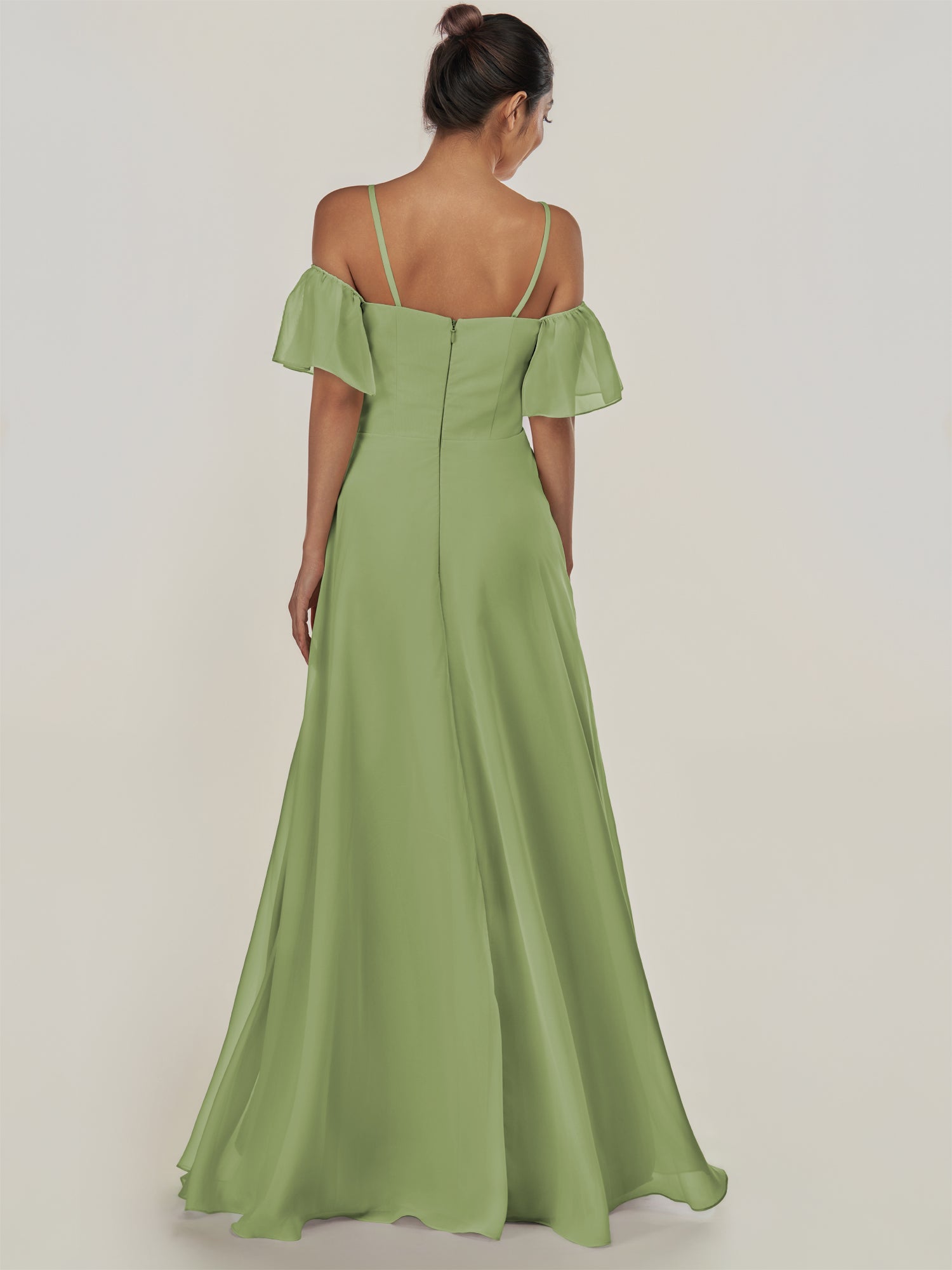 KissDress-Olia Matcha A Line Chiffon Off the Shoulder Long Bridesmaid Dress with Slit