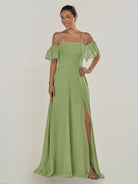 KissDress-Olia Matcha A Line Chiffon Off the Shoulder Long Bridesmaid Dress with Slit