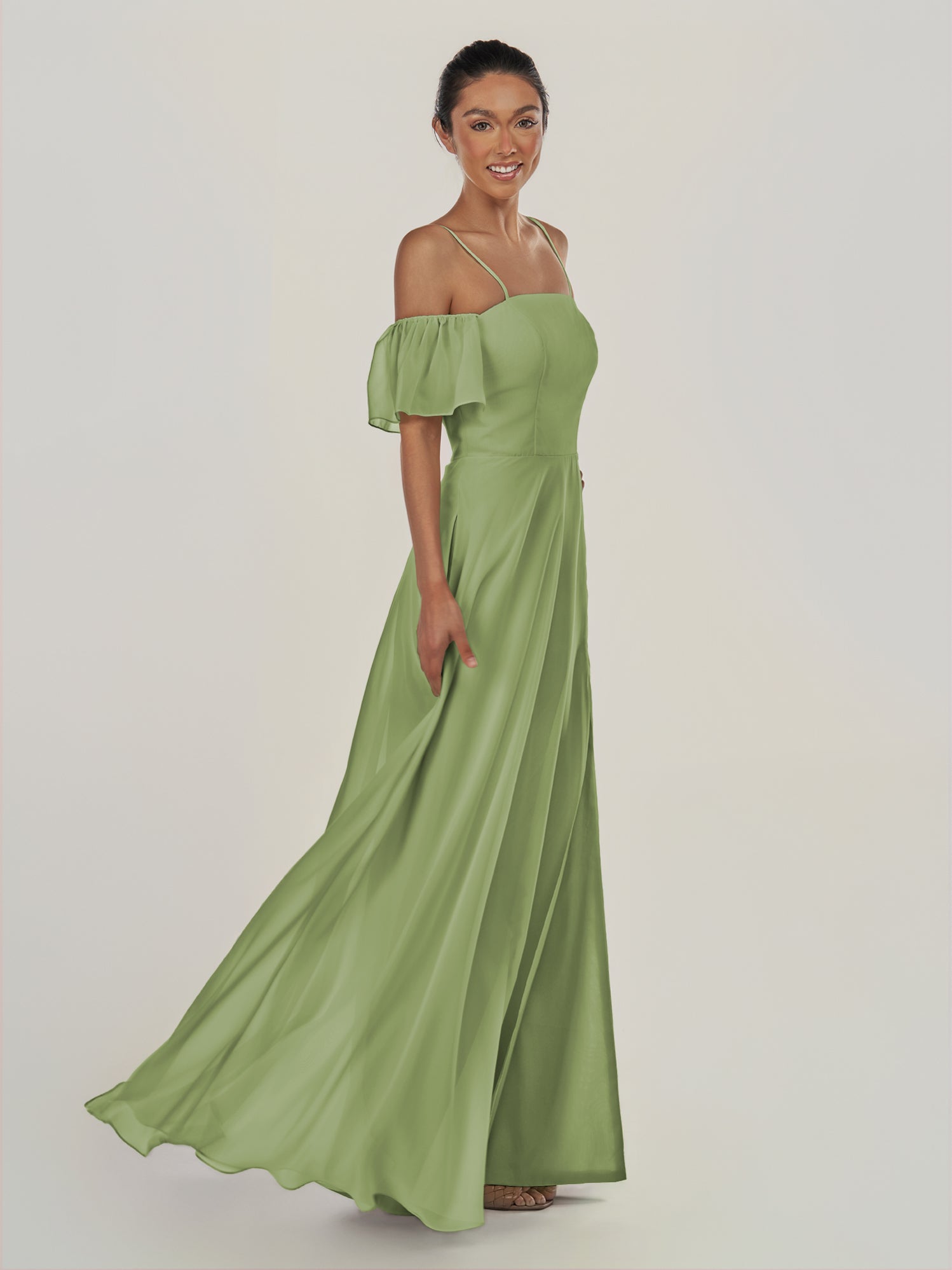 KissDress-Olia Matcha A Line Chiffon Off the Shoulder Long Bridesmaid Dress with Slit