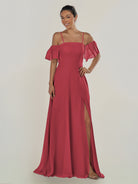 KissDress-Olia Merlot A Line Chiffon Off the Shoulder Long Bridesmaid Dress with Slit