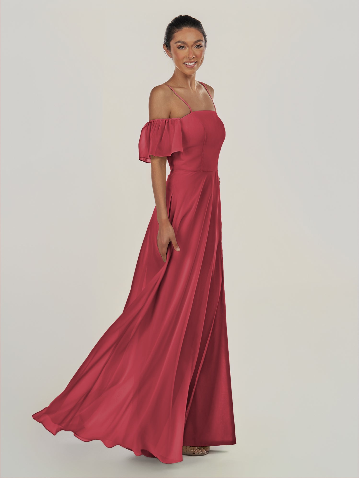 KissDress-Olia Merlot A Line Chiffon Off the Shoulder Long Bridesmaid Dress with Slit