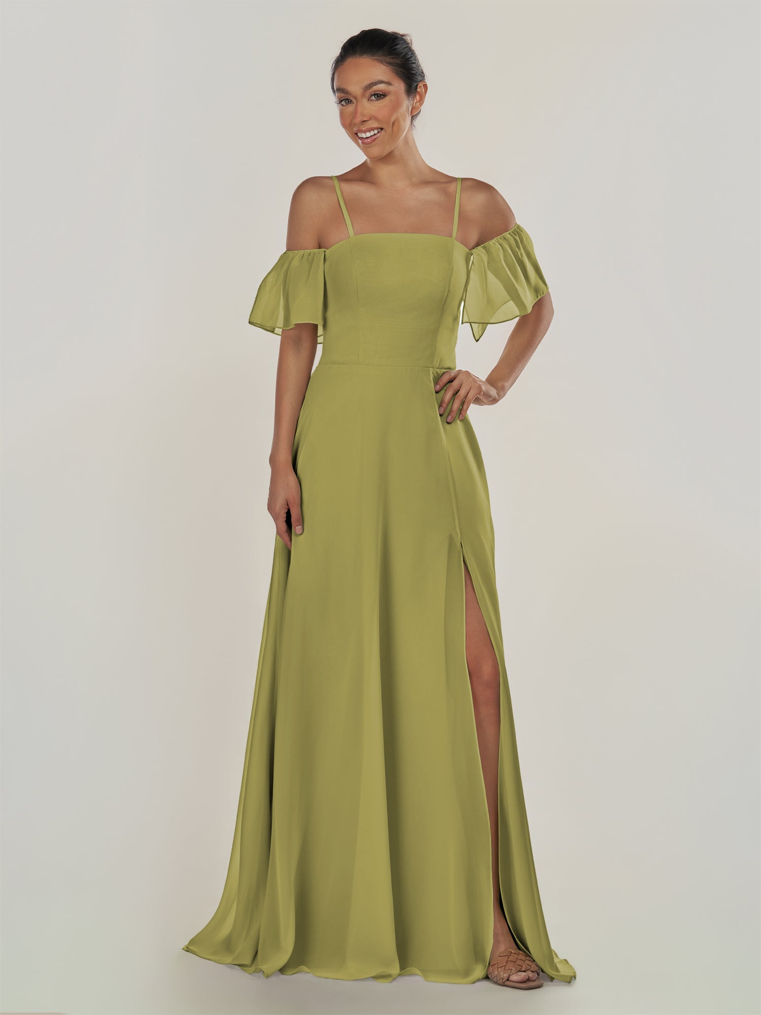 KissDress-Olia Moss Green A Line Chiffon Off the Shoulder Long Bridesmaid Dress with Slit
