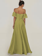 KissDress-Olia Moss Green A Line Chiffon Off the Shoulder Long Bridesmaid Dress with Slit