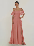 KissDress-Olia Mulberry A Line Chiffon Off the Shoulder Long Bridesmaid Dress with Slit