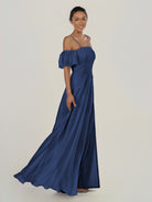 KissDress-Olia Navy A Line Chiffon Off the Shoulder Long Bridesmaid Dress with Slit