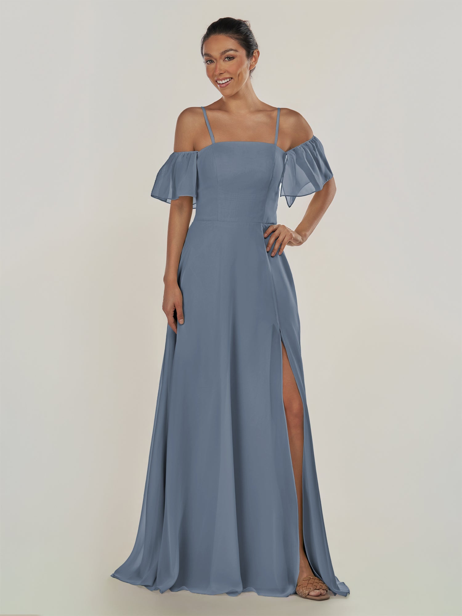 KissDress-Olia Neptune A Line Chiffon Off the Shoulder Long Bridesmaid Dress with Slit