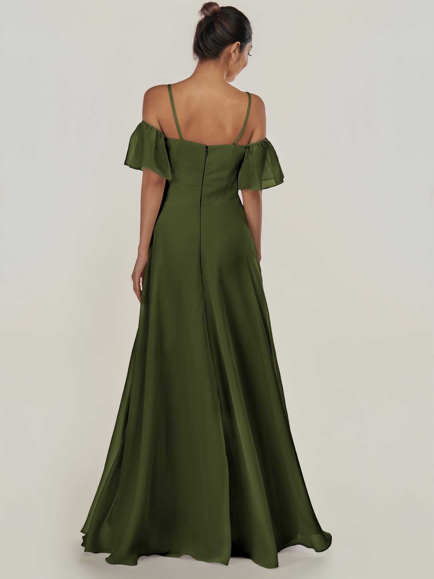 KissDress-Olia Olive A Line Chiffon Off the Shoulder Long Bridesmaid Dress with Slit