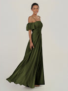 KissDress-Olia Olive A Line Chiffon Off the Shoulder Long Bridesmaid Dress with Slit