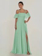 KissDress-Olia Pale Blush A Line Chiffon Off the Shoulder Long Bridesmaid Dress with Slit
