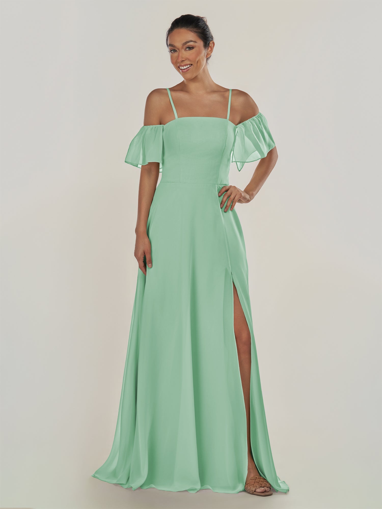 KissDress-Olia Pale Blush A Line Chiffon Off the Shoulder Long Bridesmaid Dress with Slit